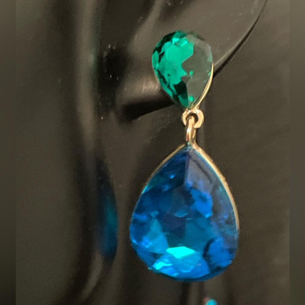 NOLAN MILLER Earrings Green Blue Tear Drop Pierced Gold Tone Designer